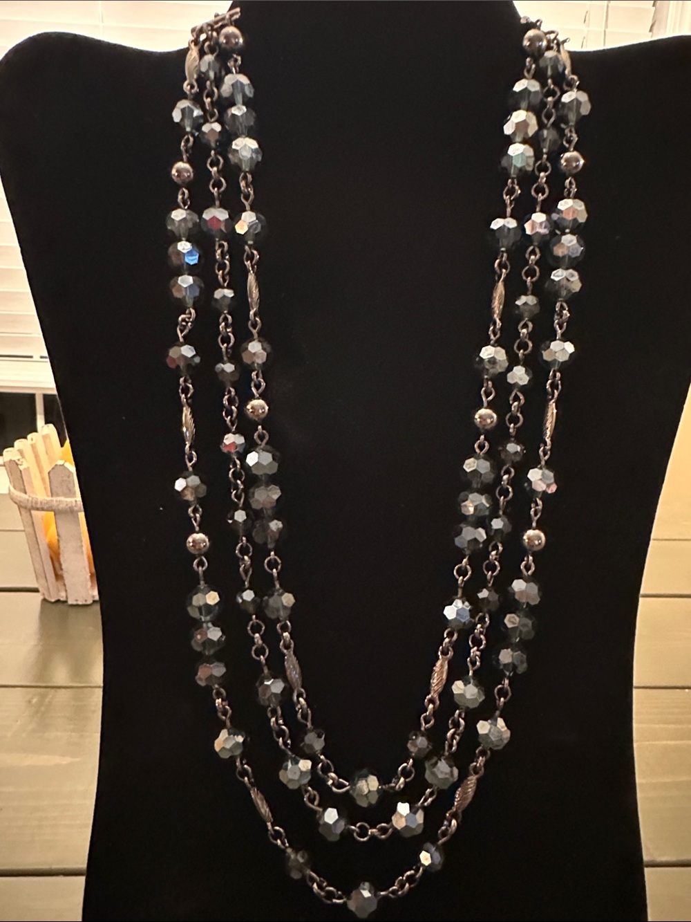 Lia Sophia Vintage Iridescent Smoke Grey Multi Strand Beaded Statement Necklace